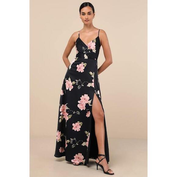 Lulus Dresses & Skirts - Lulus Radiant Occasion Black Floral Satin A-line Maxi Dress - Size S